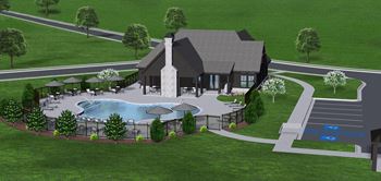 A rendering of a house with a pool and a patio area.